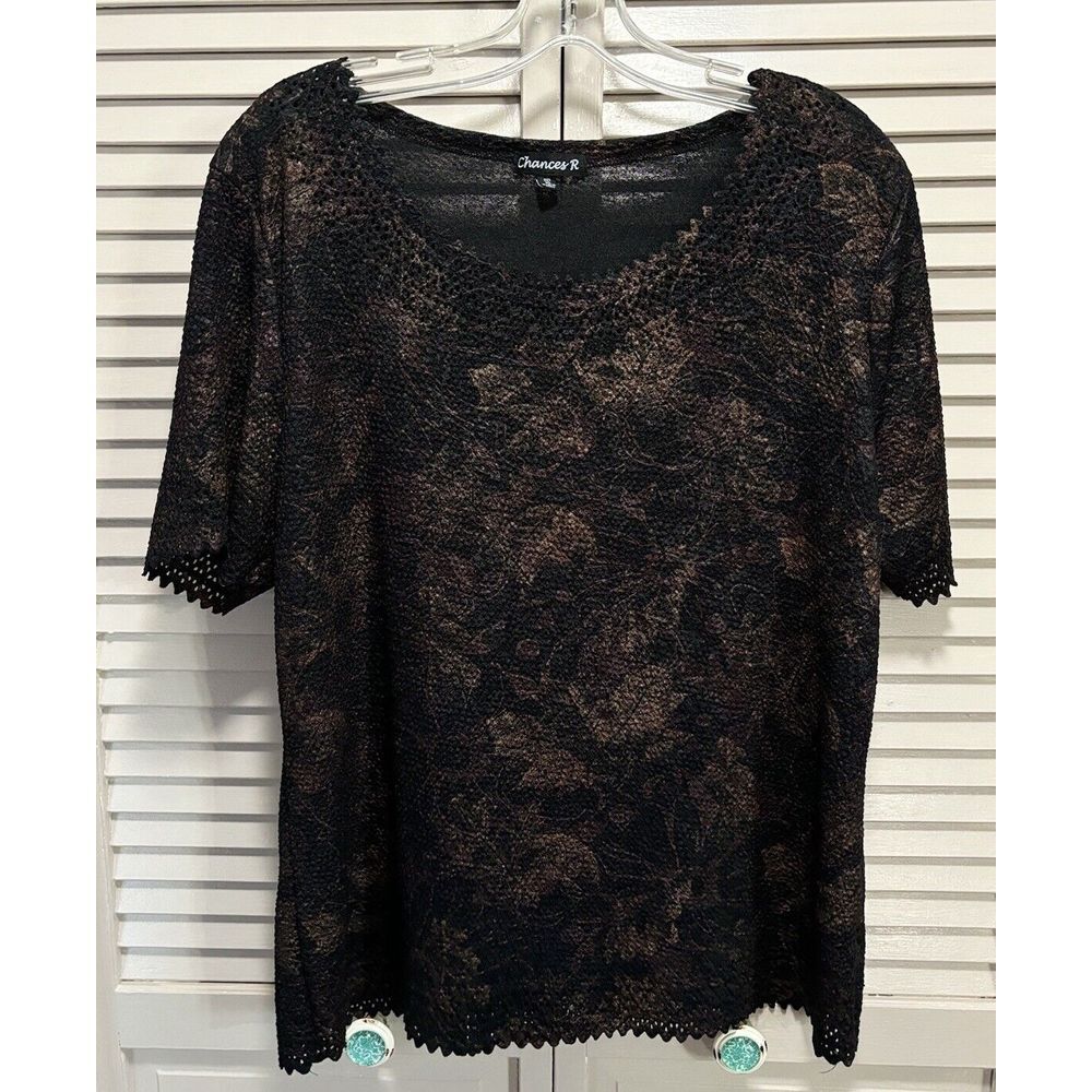 Chances R Short Sleeve‎ Scoop Neck Size XL Lacey Cut-Out Hem Black/Bronze